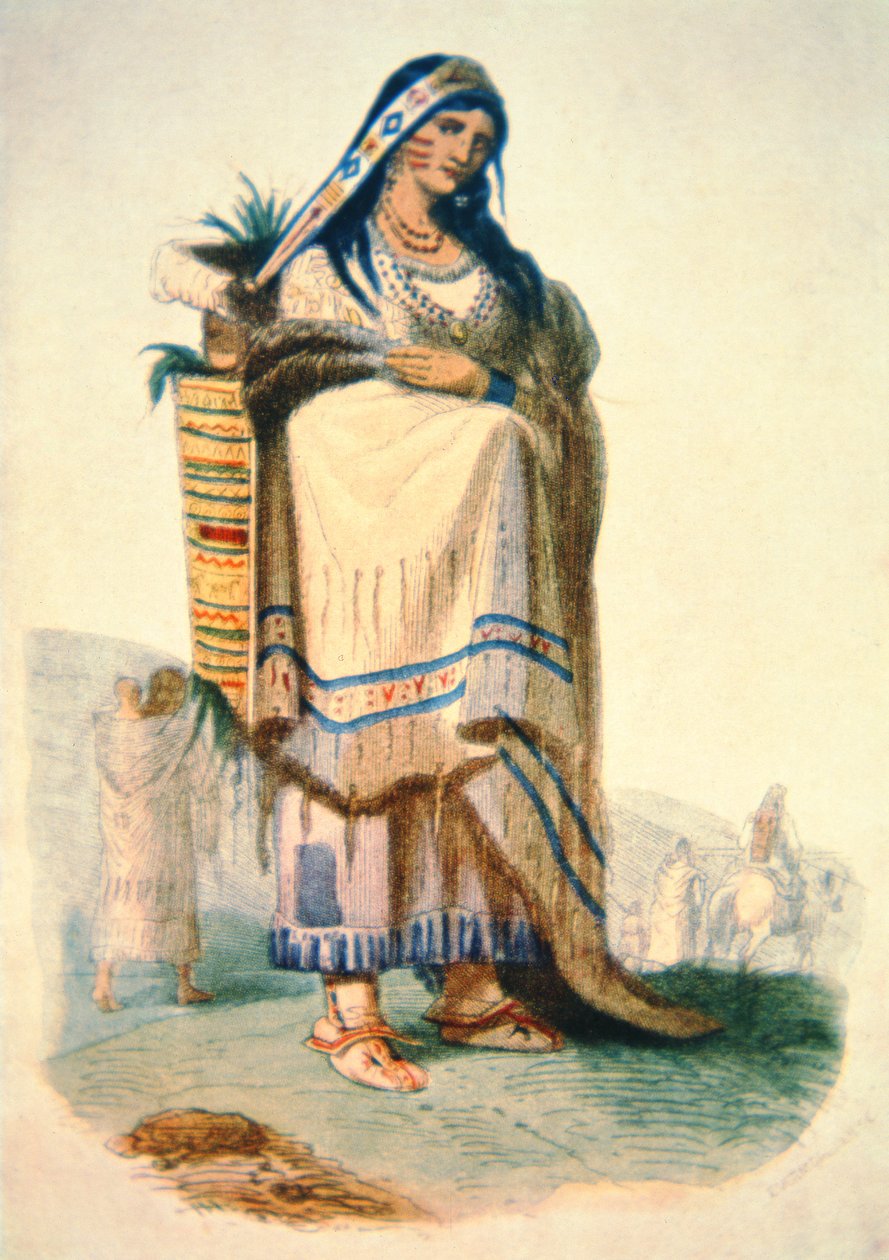 Bir beşik tahtasında bebeği olan Sioux anne (renkli lito) by George Catlin