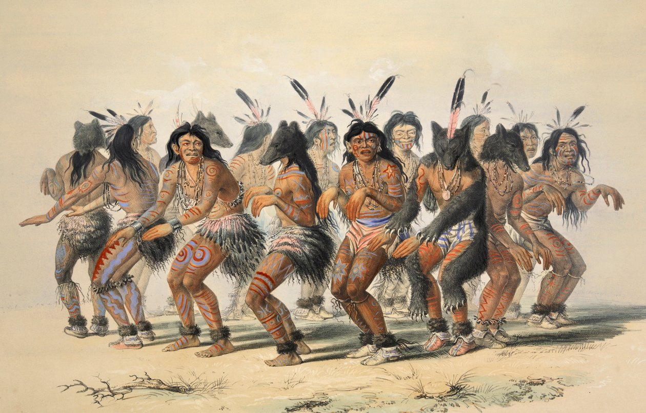 Ayı Dansı detayı, bar. 1845 renkli litografi. by George Catlin