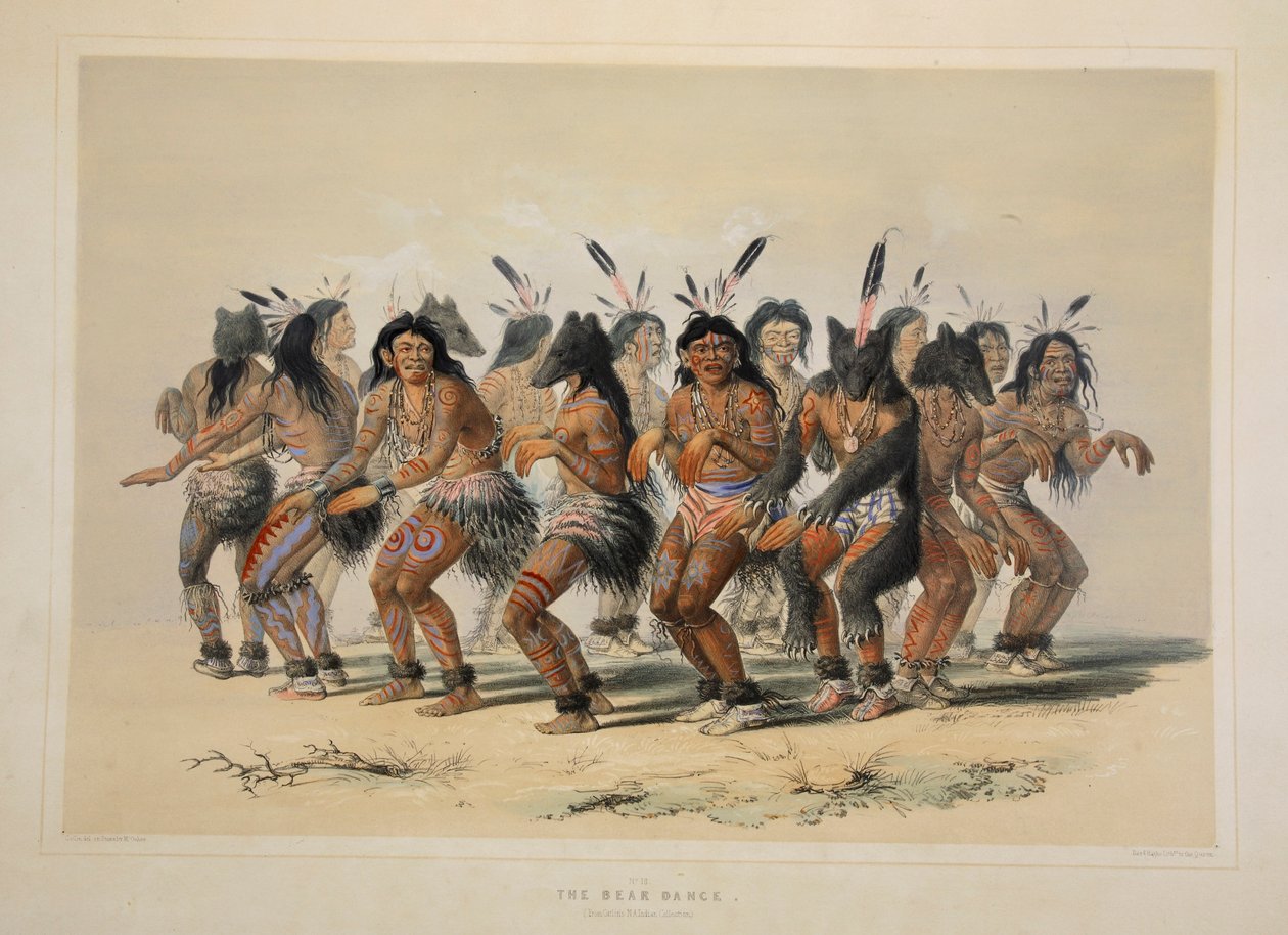 Ayı Dansı, bar. 1845 renkli litografi. by George Catlin