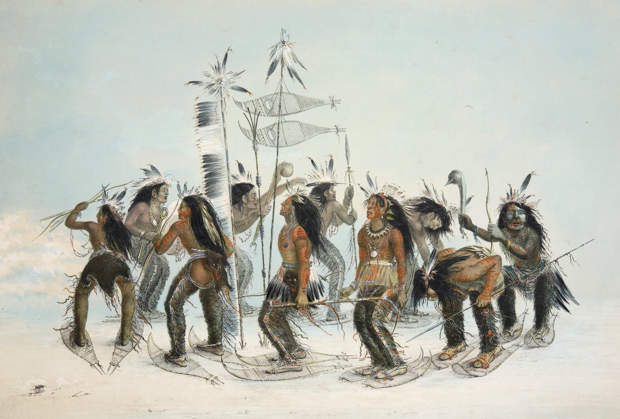 Kar Ayakkabısı Dansı, pub. 1845 renkli litografi. by George Catlin