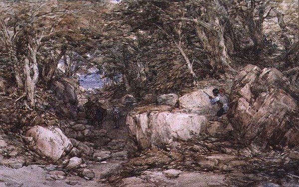 Bir Ambuscade Yaklaşan Gezginlerle Orman Glen by George Cattermole