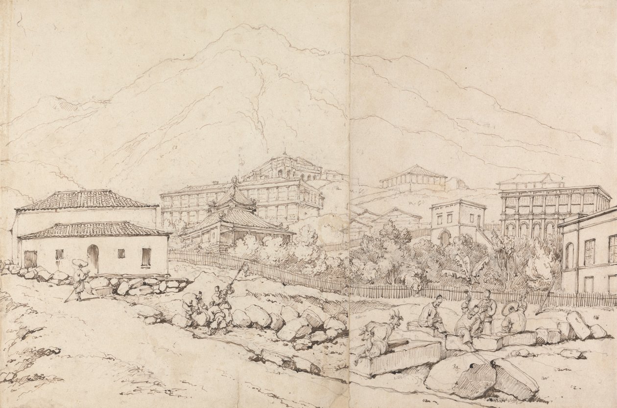 Dağlık Bir Köyde Yamaçta Bina (Çin?) by George Chinnery