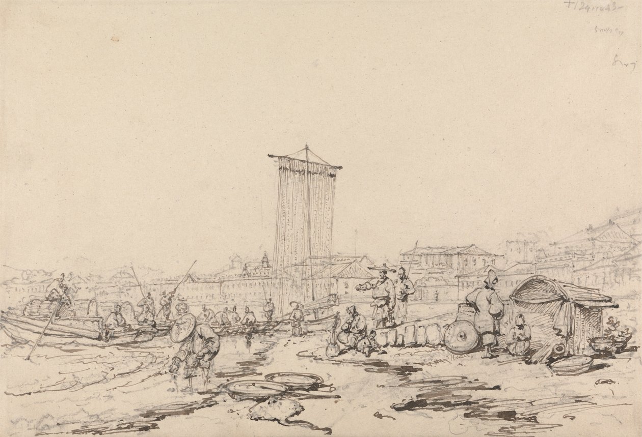 Balıkçılar ve Binalarla Sahil Manzarası, Makao by George Chinnery