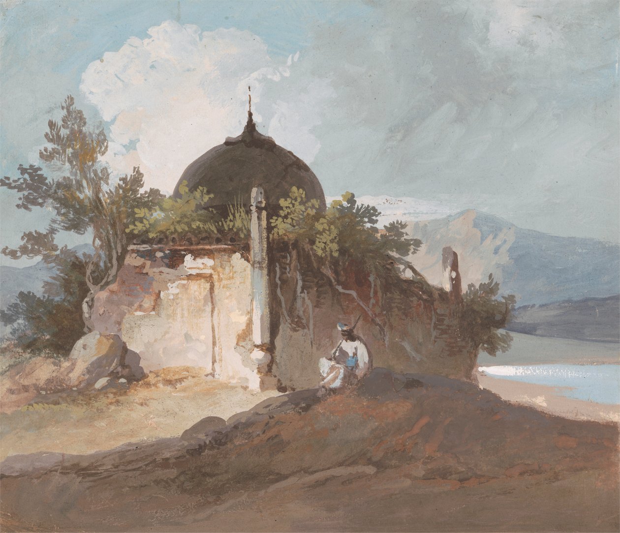 Bir Hint Tapınağı Yanında Oturan Figür by George Chinnery