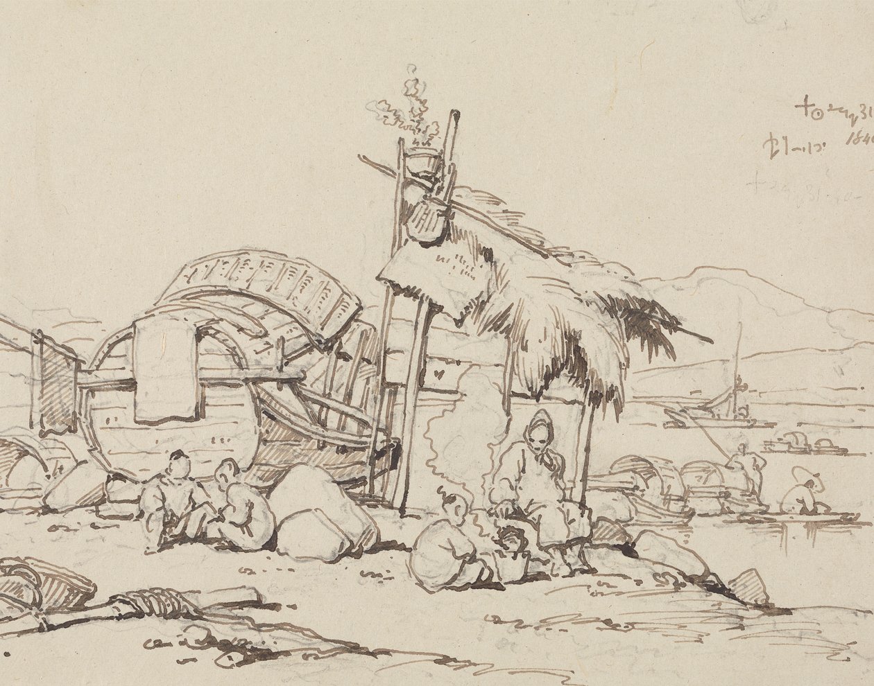 Yaşlı Adam ve Çocuklar Oturmuş, Yemek Yapıyor by George Chinnery