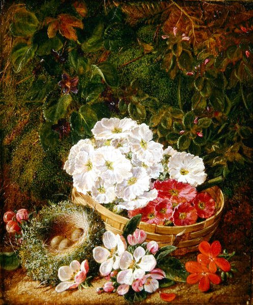 Natürmort kuş yuvası, sepetteki primulalar ve elma çiçeği by George Clare