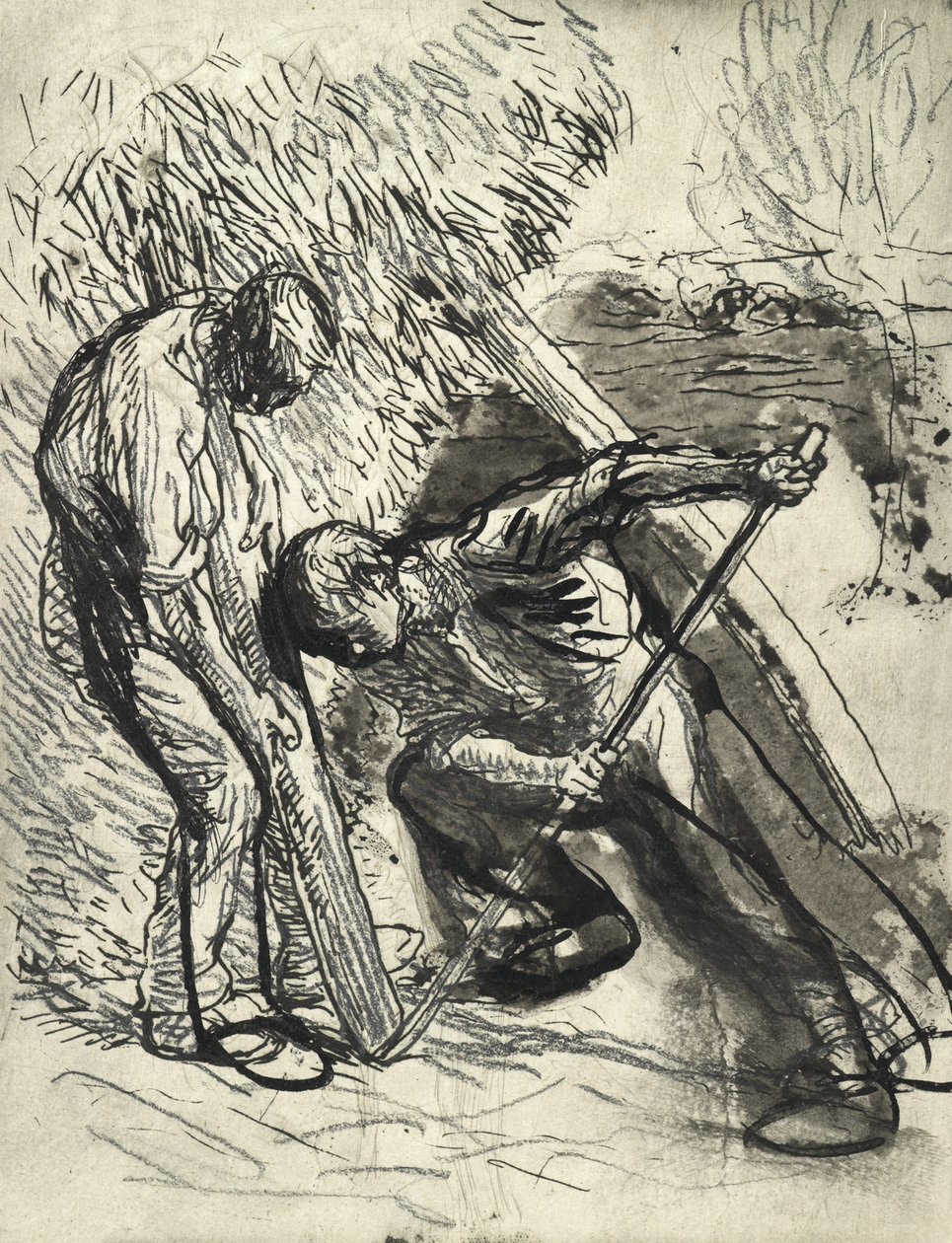 Propping the Rick, c.1900 (kağıt üzerinde kurşun kalem, tükenmez kalem ve mürekkep) by George Clausen