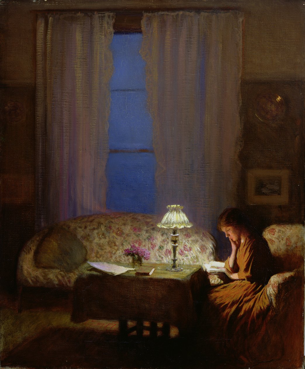 Lamplight ile Okuma (Twilight: Interior) (tuval üzerine yağlı boya) by George Clausen
