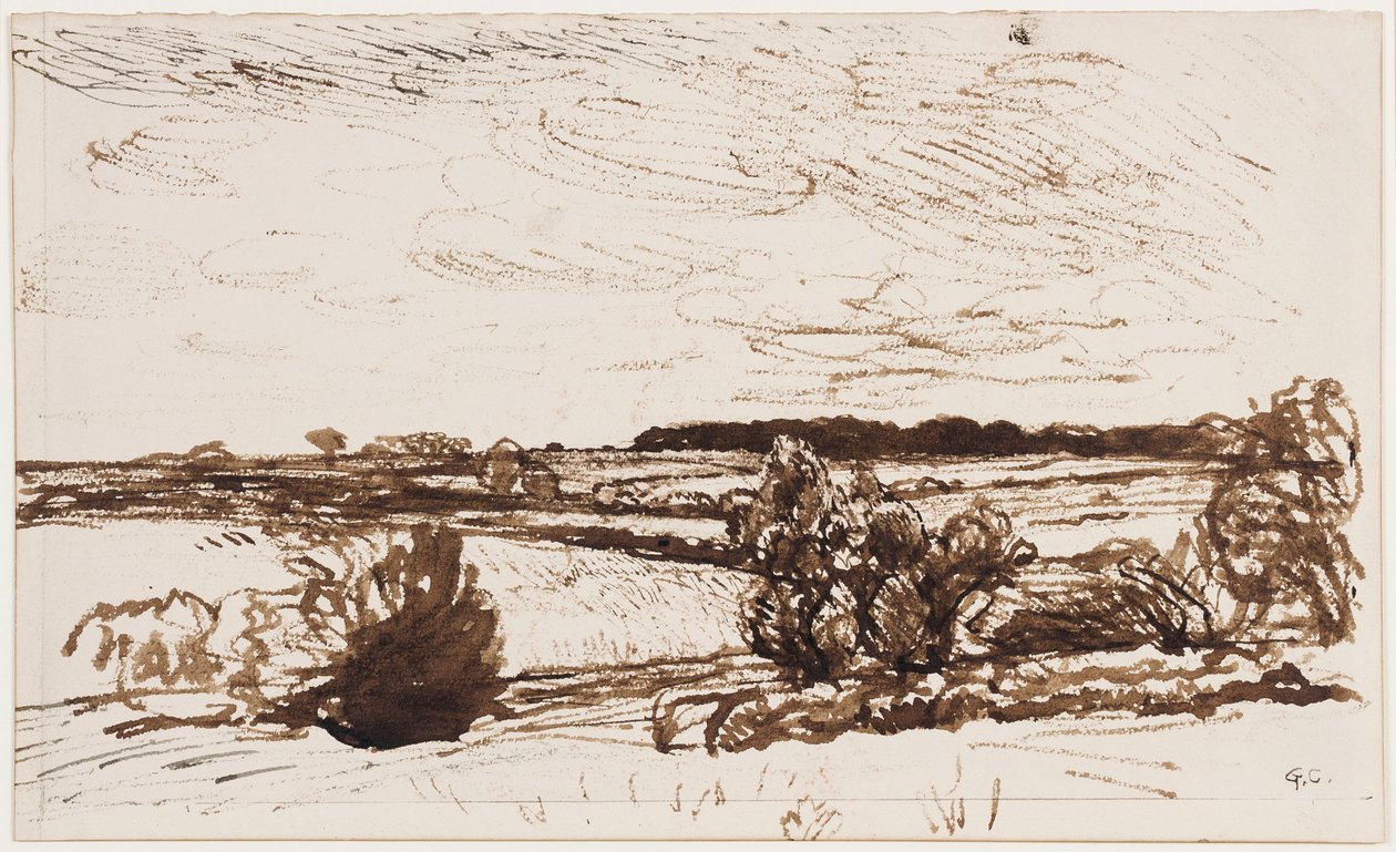 Rüzgarla savrulan manzara (kağıt üzerinde kalem, fırça ve sepya mürekkebi) by George Clausen