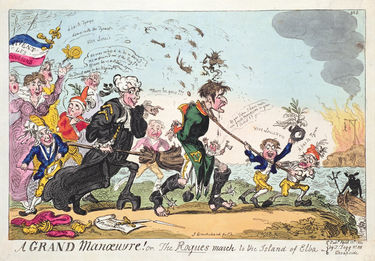 'Büyük Bir Manevra! veya George Cruikshank tarafından 13 Nisan 1814'te yayınlanan Rogues' March to the Island of Elba' by George Cruikshank