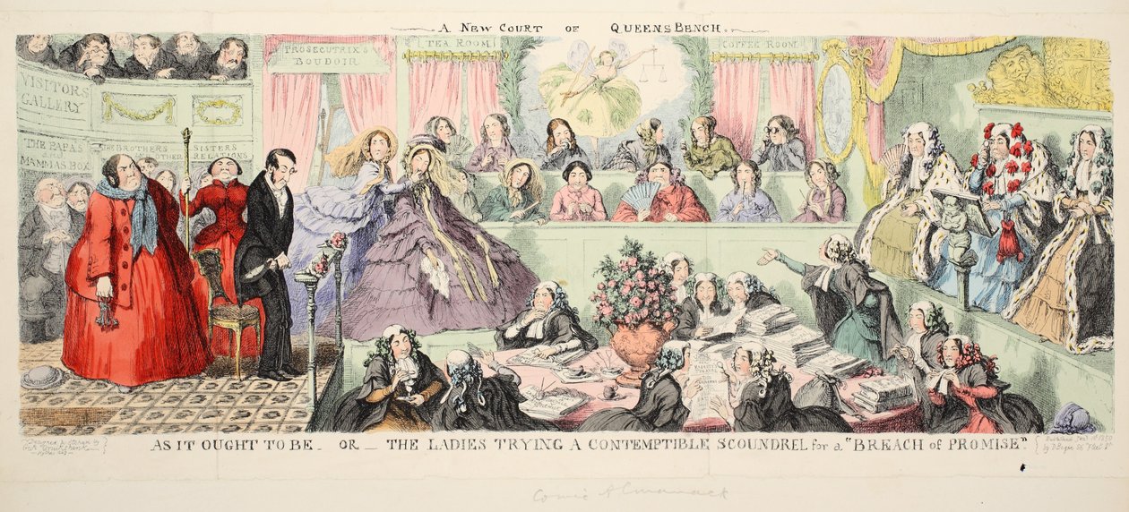 Yeni Bir Kraliçe'nin Divanı Mahkemesi: Olması Gerektiği Gibi veya 'Sözün İhlali' için Adi Bir Alçak'ı Deneyen Hanımlar, pub. 1850 (el renkli gravür) by George Cruikshank
