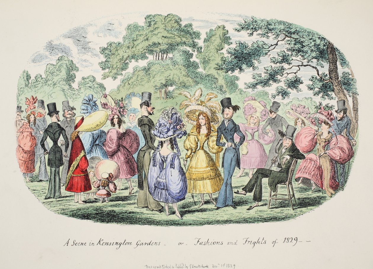 Kensington Bahçelerinde Bir Sahne - veya - 1829 Modası ve Korkuları, pub. 1829 (el renkli gravür) by George Cruikshank