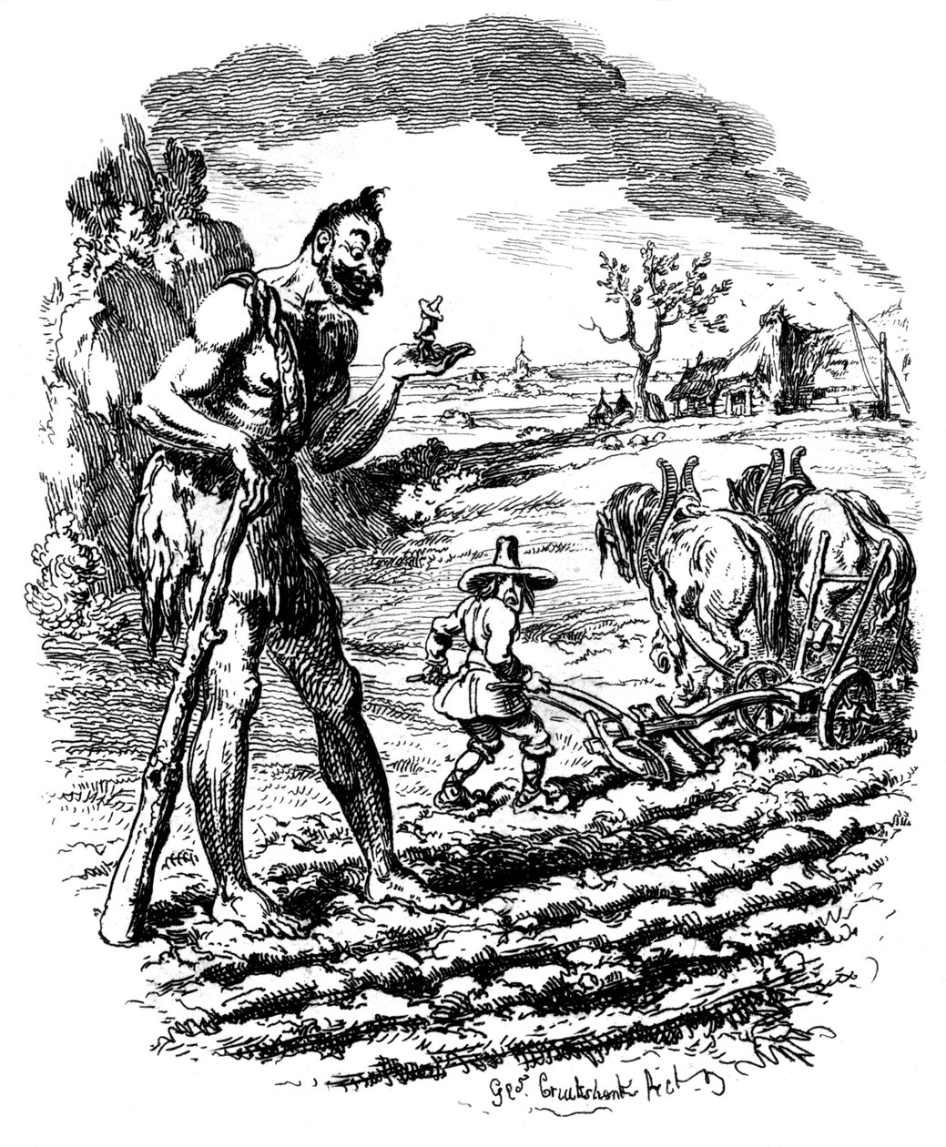 Dev bir tarlada çiftçinin saban sürmesi gibi duruyor, 19. yüzyıl. by George Cruikshank
