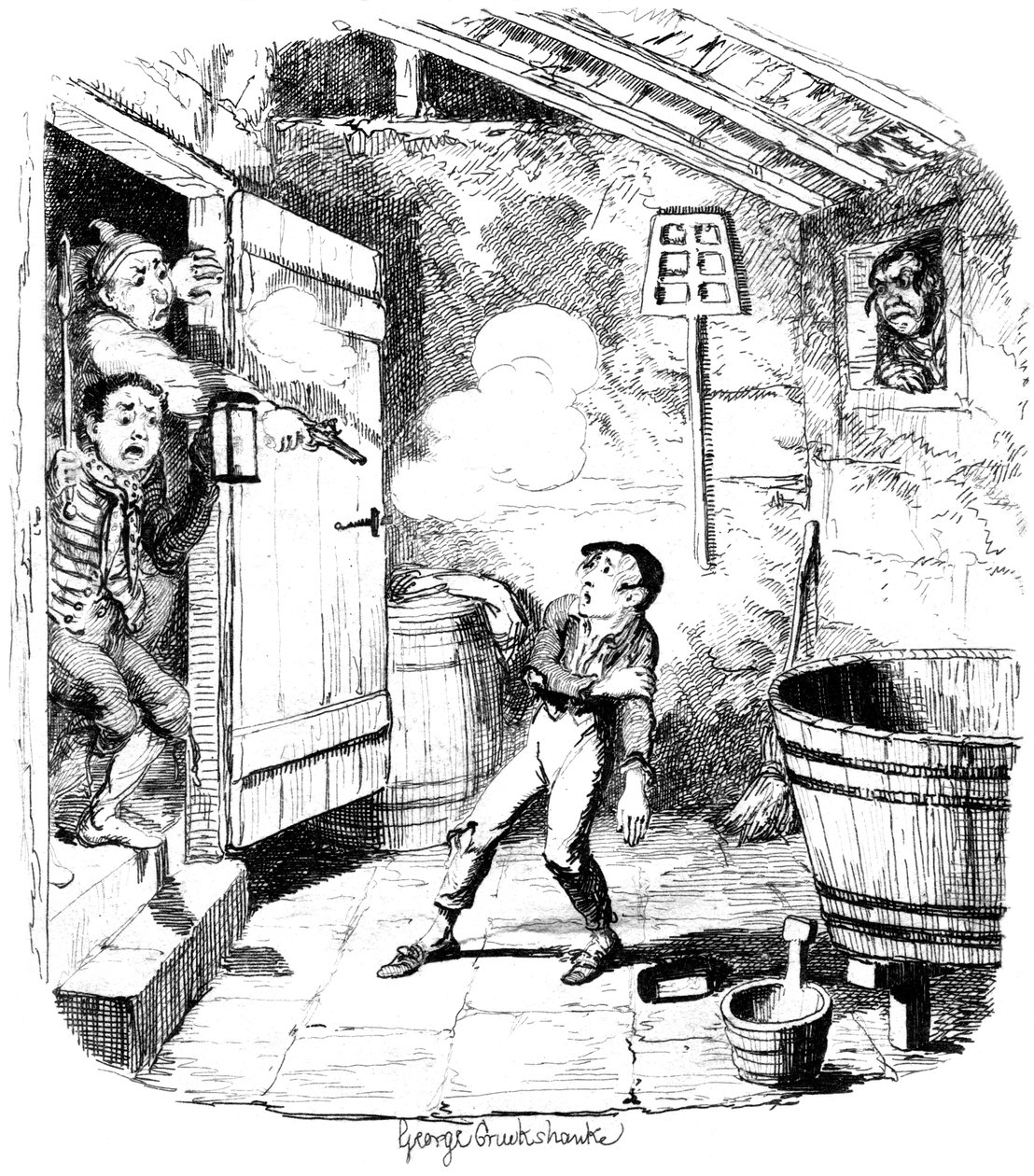 Bir adam, 19. yüzyılda çaldığından şüphelendiği genç bir çocuğu vurur. by George Cruikshank