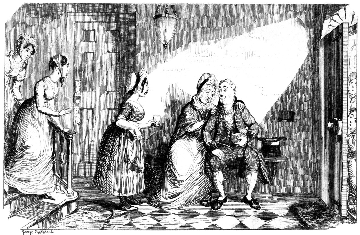 On dokuzuncu yüzyılda, yoksul bir erkeğe birkaç kadın eşlik ediyor. by George Cruikshank