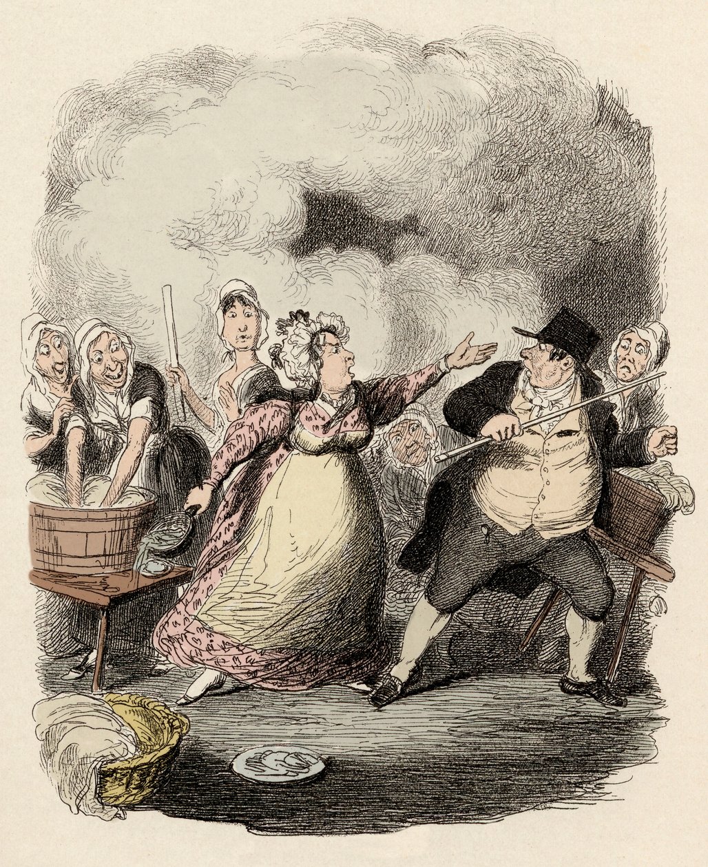 Darülacezede, Mösyö Bumble, karısı Madam Corney tarafından şiddetle geri çevrildi - Bay Bumble, yoksulların gözünde aşağılandı - Charles Dickens (1812-1870) tarafından “Oliver Twist” (Olivier) (Oliver Twist'in Maceraları) için illüstrasyon tarafından G by George Cruikshank