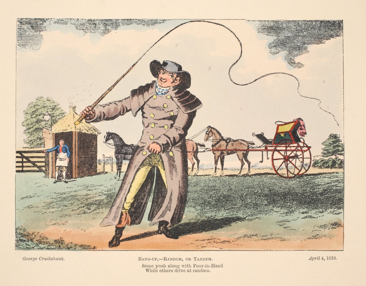 Bang-Up, Random veya Tandem, bazıları Four In Hand ile birlikte iterken, diğerleri rastgele sürüyor, 1810 (elle renkli gravür) by George Cruikshank