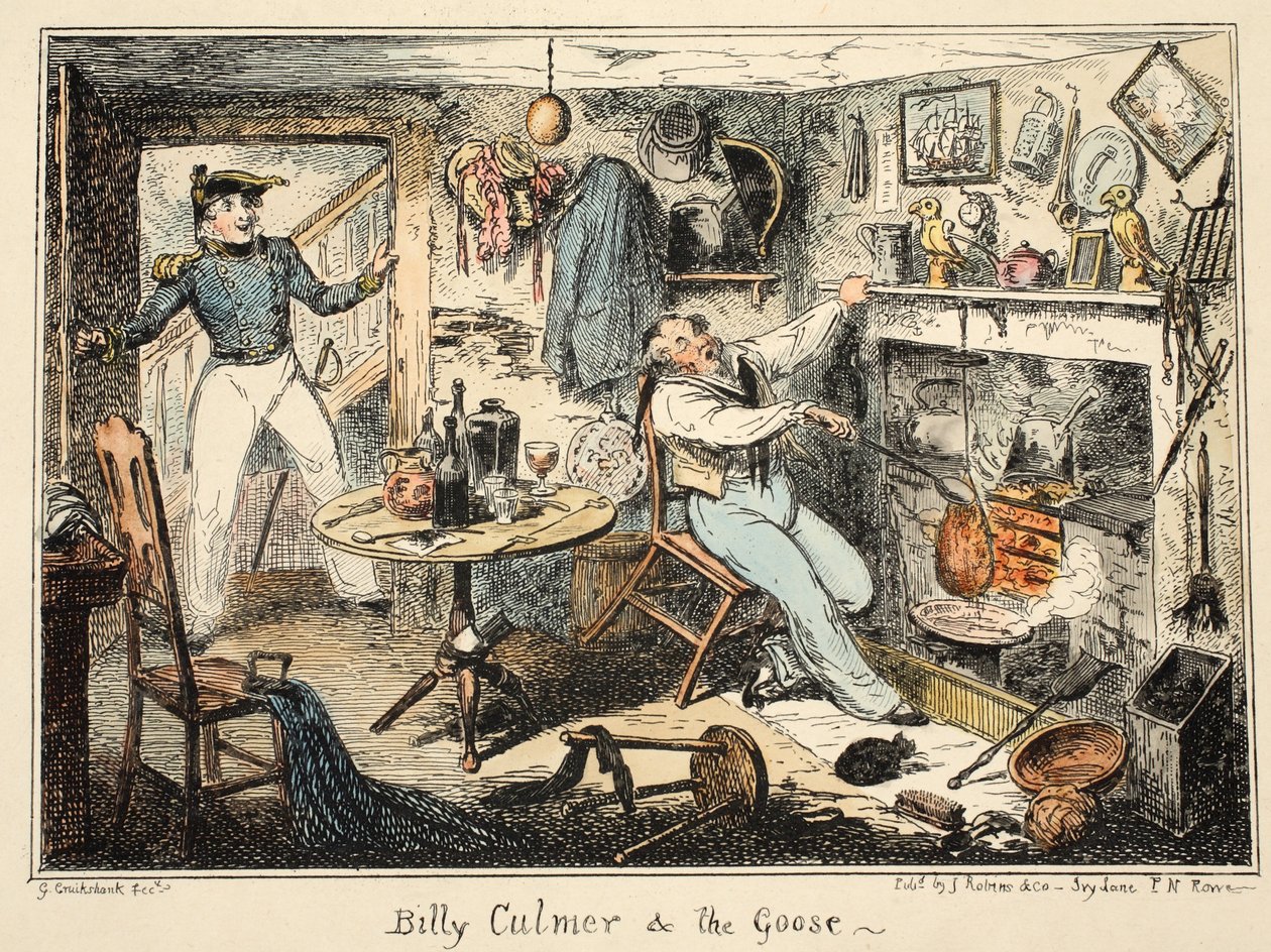 Greenwich Hastanesinden Billy Culmer ve Kaz, Deniz Kuvvetleri Eskizleri Dizisi, Bir Savaş Adamının Hayatının Tanımı, pub. 1826 (el renkli gravür) by George Cruikshank