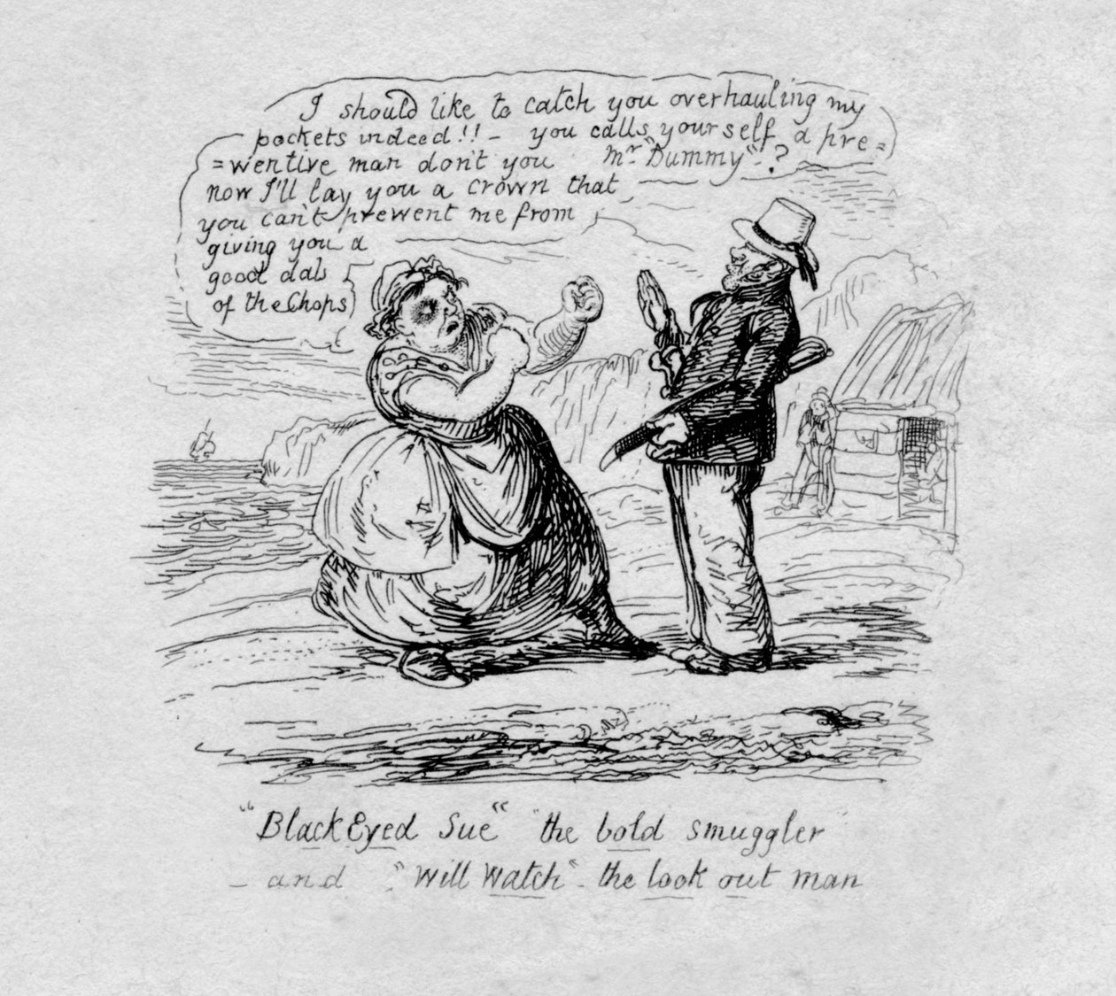 Kara Gözlü Cesur kaçakçı Sue ve Gözcü adamı izle, 1829 by George Cruikshank