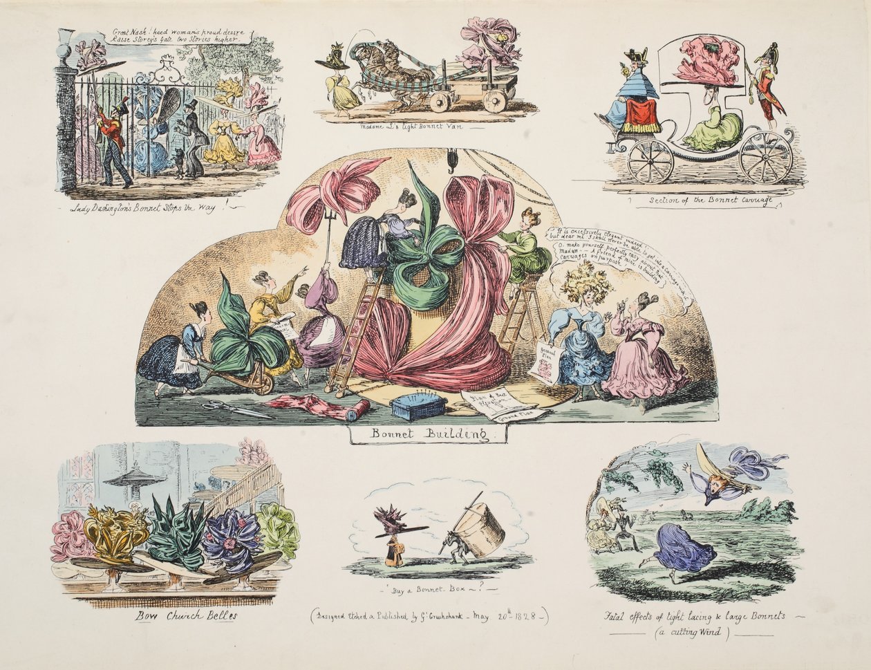Bonnet Binası, pub. 1828 (el renkli gravür) by George Cruikshank