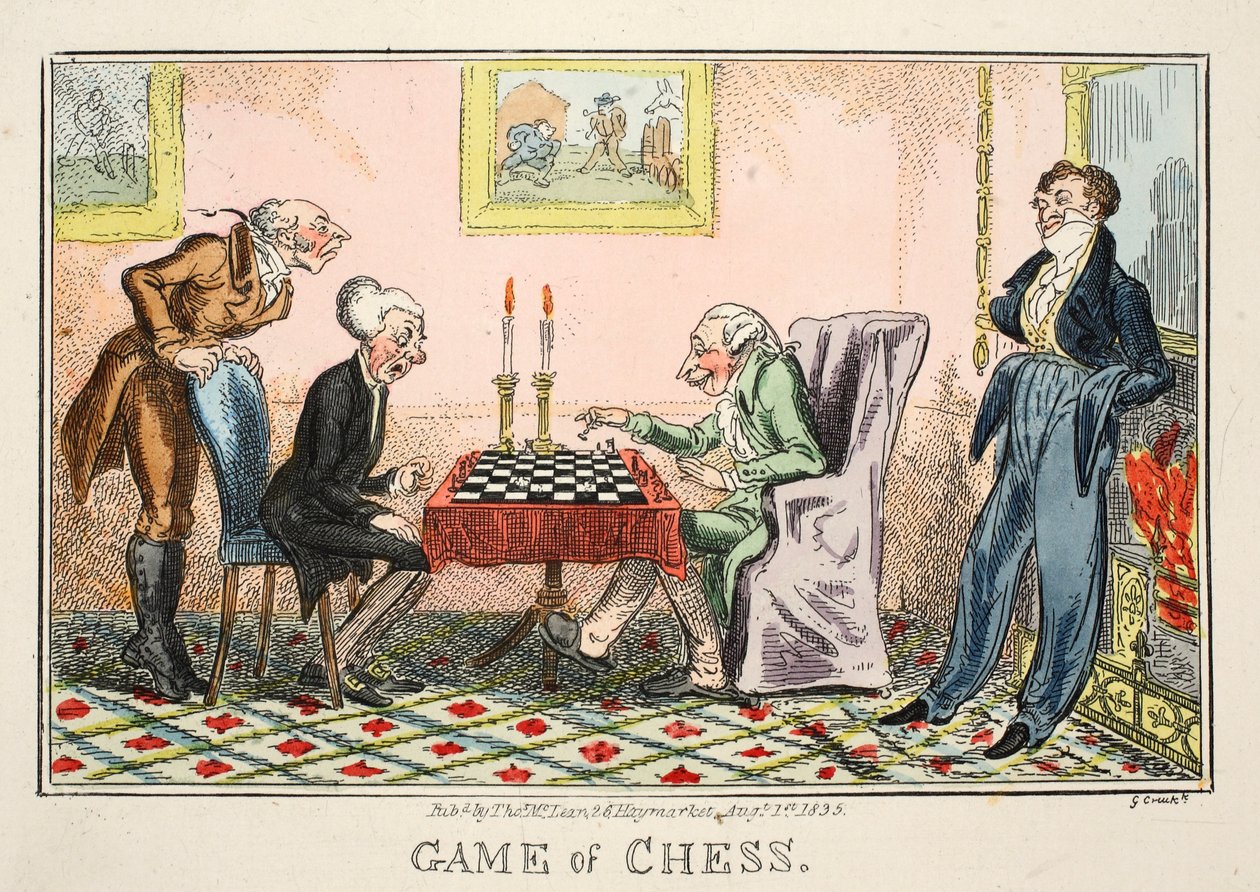 Game of Chess, pub, Thomas McLean, 1835 (el renkli gravür) by George Cruikshank