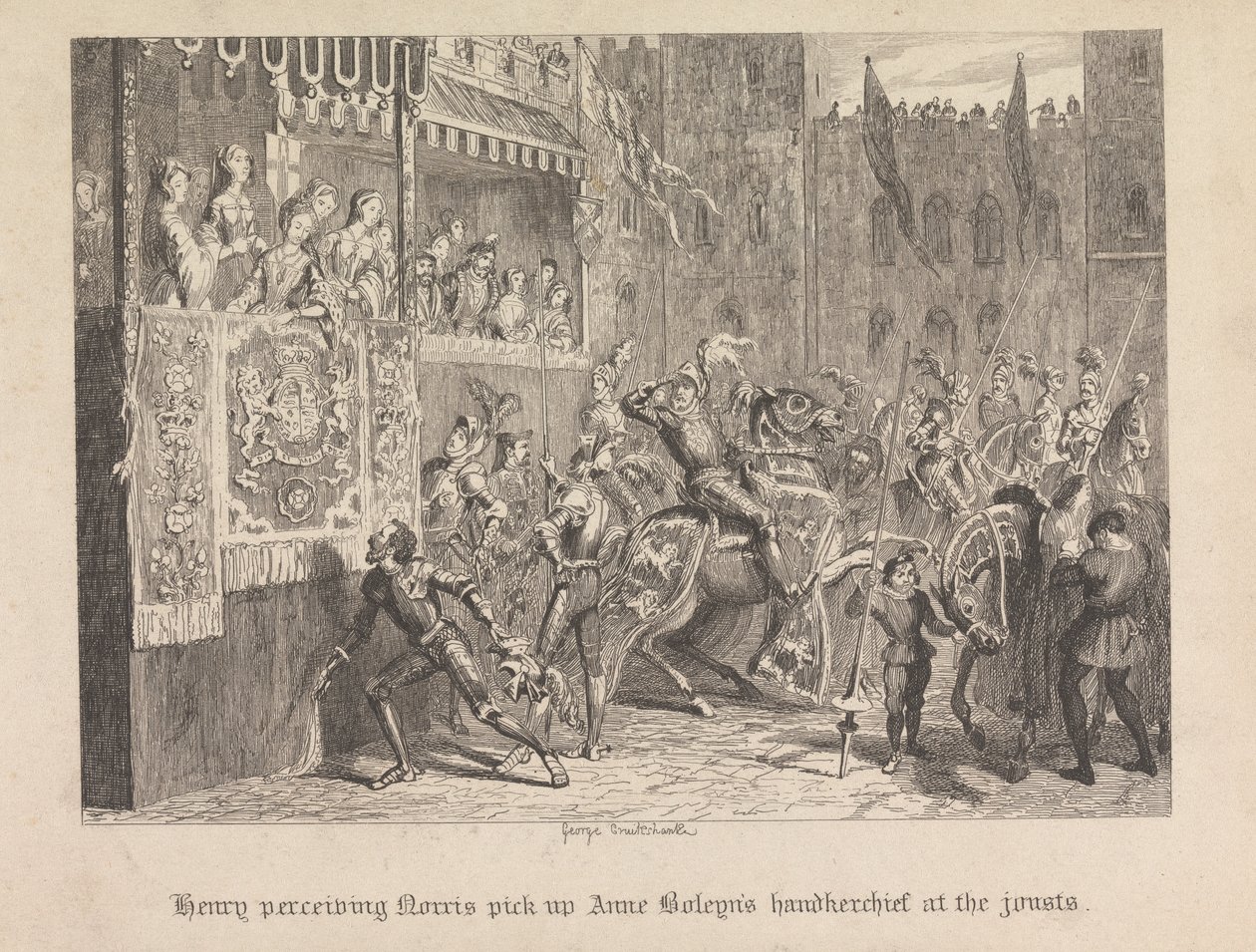 Henry, Norris'in mızrak dövüşlerinde Ann Boleyn'in mendilini aldığını algılıyor. by George Cruikshank