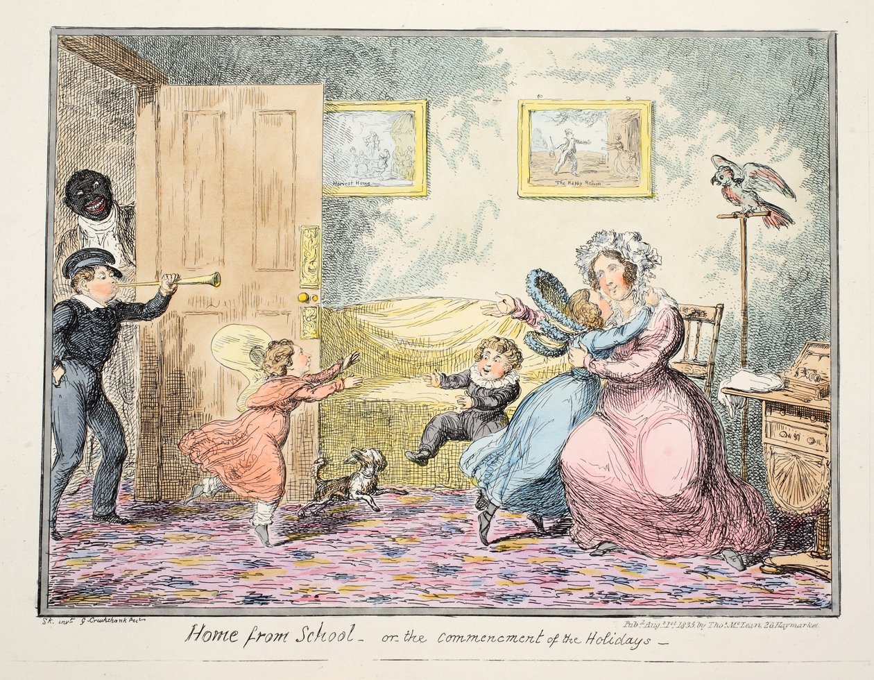 Okuldan Ev veya Tatil pubının Başlangıcı. 1835 (el renkli gravür) by George Cruikshank