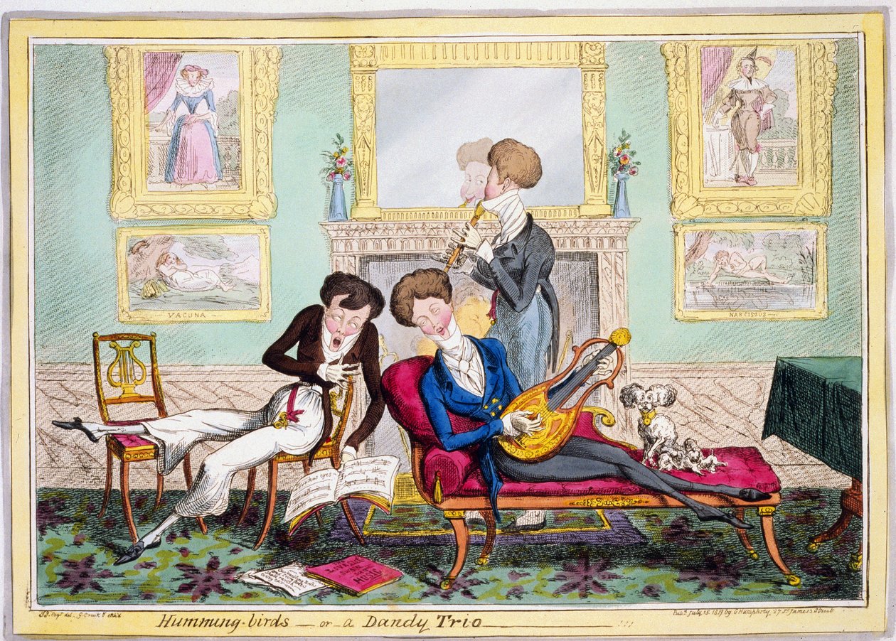 Sinek kuşları veya Dandy Trio, pub. 1819 (el renkli gravür) by George Cruikshank