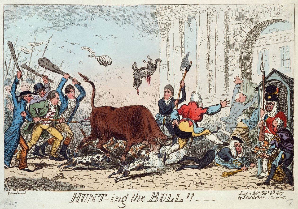 Boğa Avı, 1817 (renkli gravür) by George Cruikshank