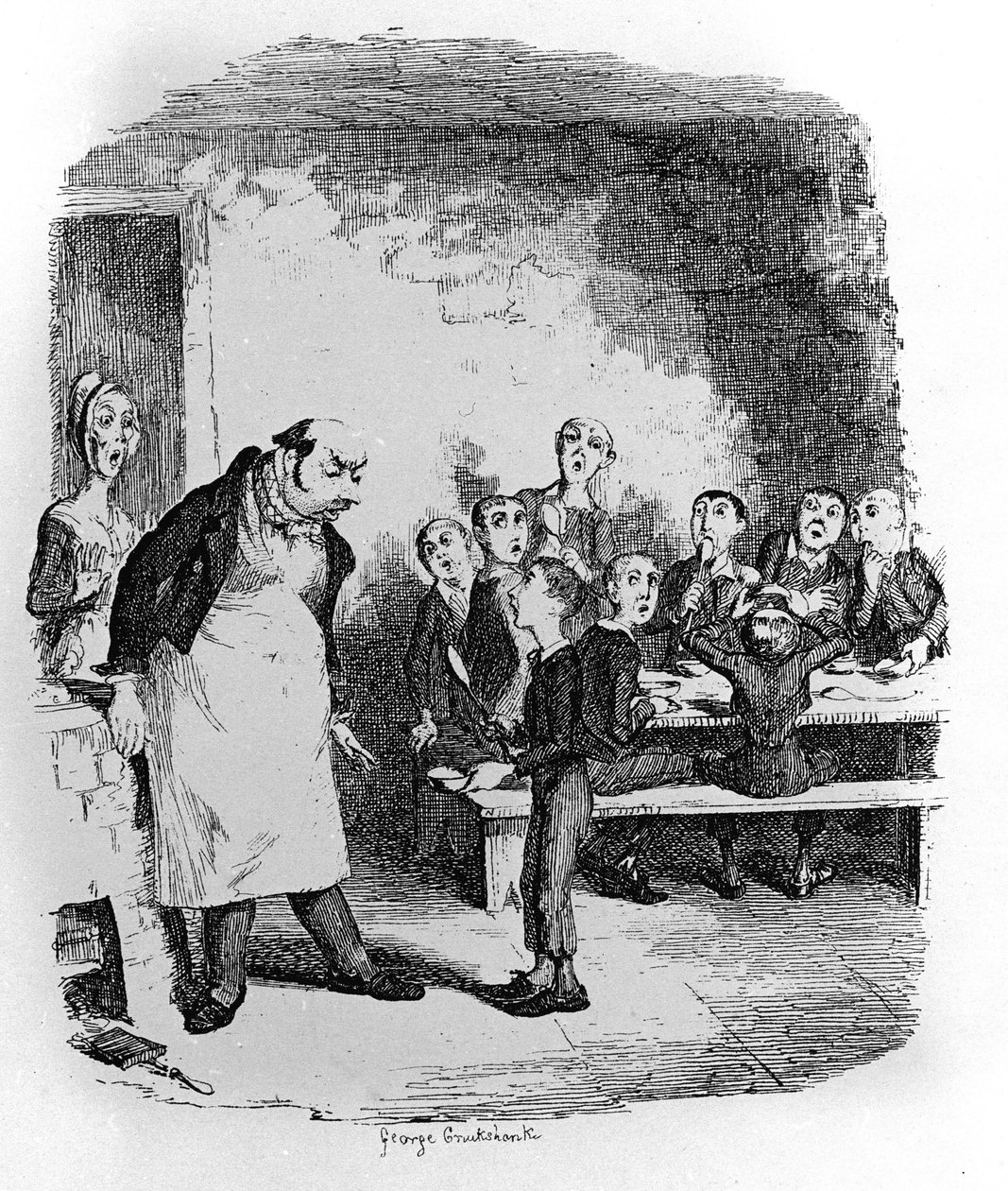 Charles Dickens (1812-1870), George Cruikshank (1792-1878) tarafından “” Oliver Twist” (Olivier) için çizim. by George Cruikshank