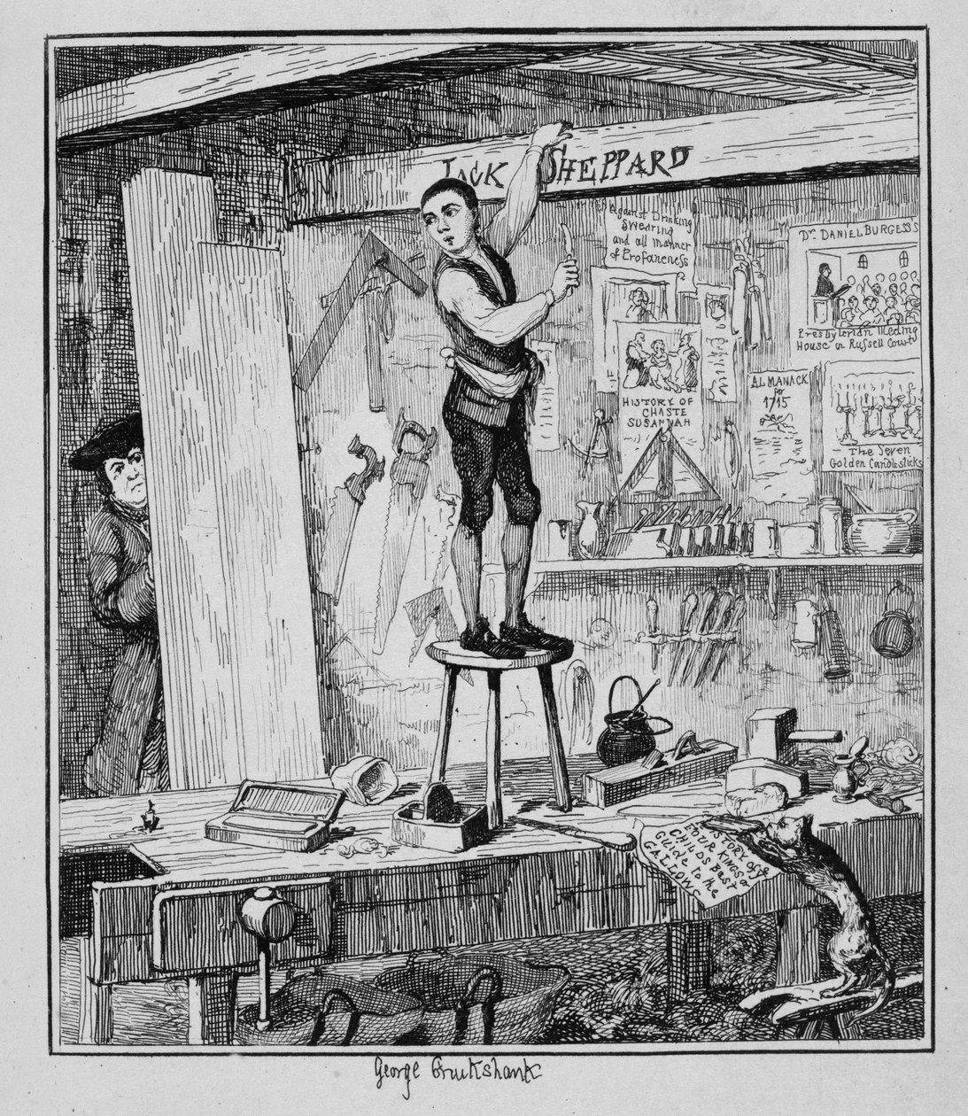 Jack, adını eski işvereninin dükkanındaki bir kirişe oyuyor, 1839