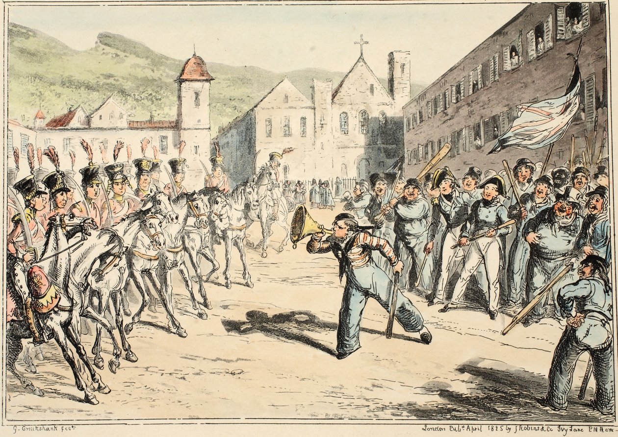Greenwich Hastanesinden Jacks Trump of Defiance, Deniz Kuvvetleri Eskizleri Dizisi, Bir Savaş Adamının Yaşamını Tanımlayan, pub. 1826 (el renkli gravür) by George Cruikshank