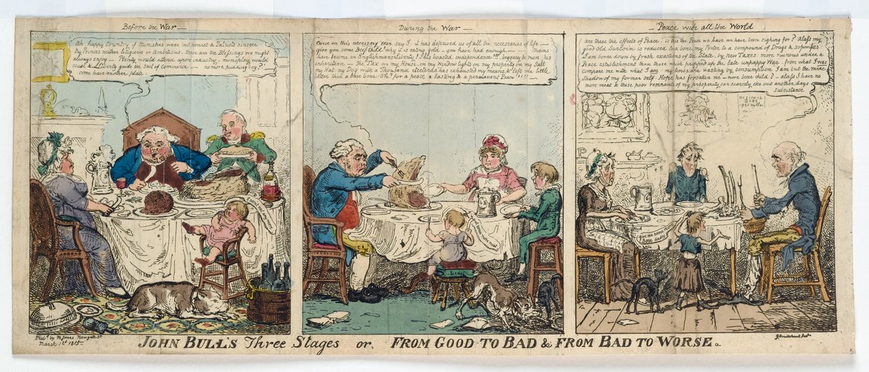 John Bull'un üç aşaması veya İyiden Kötüye ve Kötüden Daha Kötüye, 1815 (el boyaması gravür) by George Cruikshank