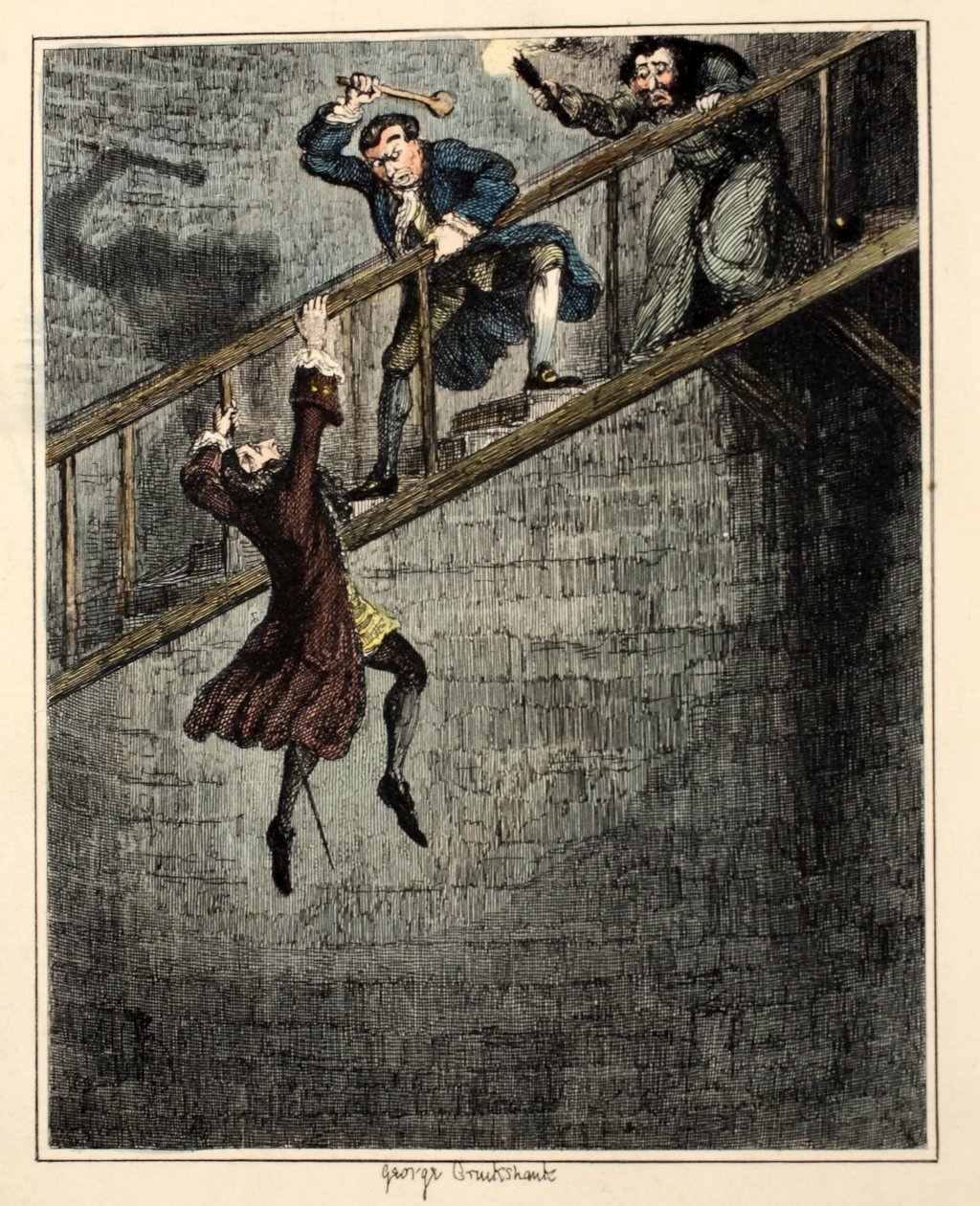 Jonathan Wild, Sir Rowland Trenchard'ı kuyu deliğinden aşağı atıyor, William Harrison Ainsworth'un 'Jack Sheppard: A Romance' adlı eserinden bir örnek, pub. 1839 (el renkli gravür) by George Cruikshank