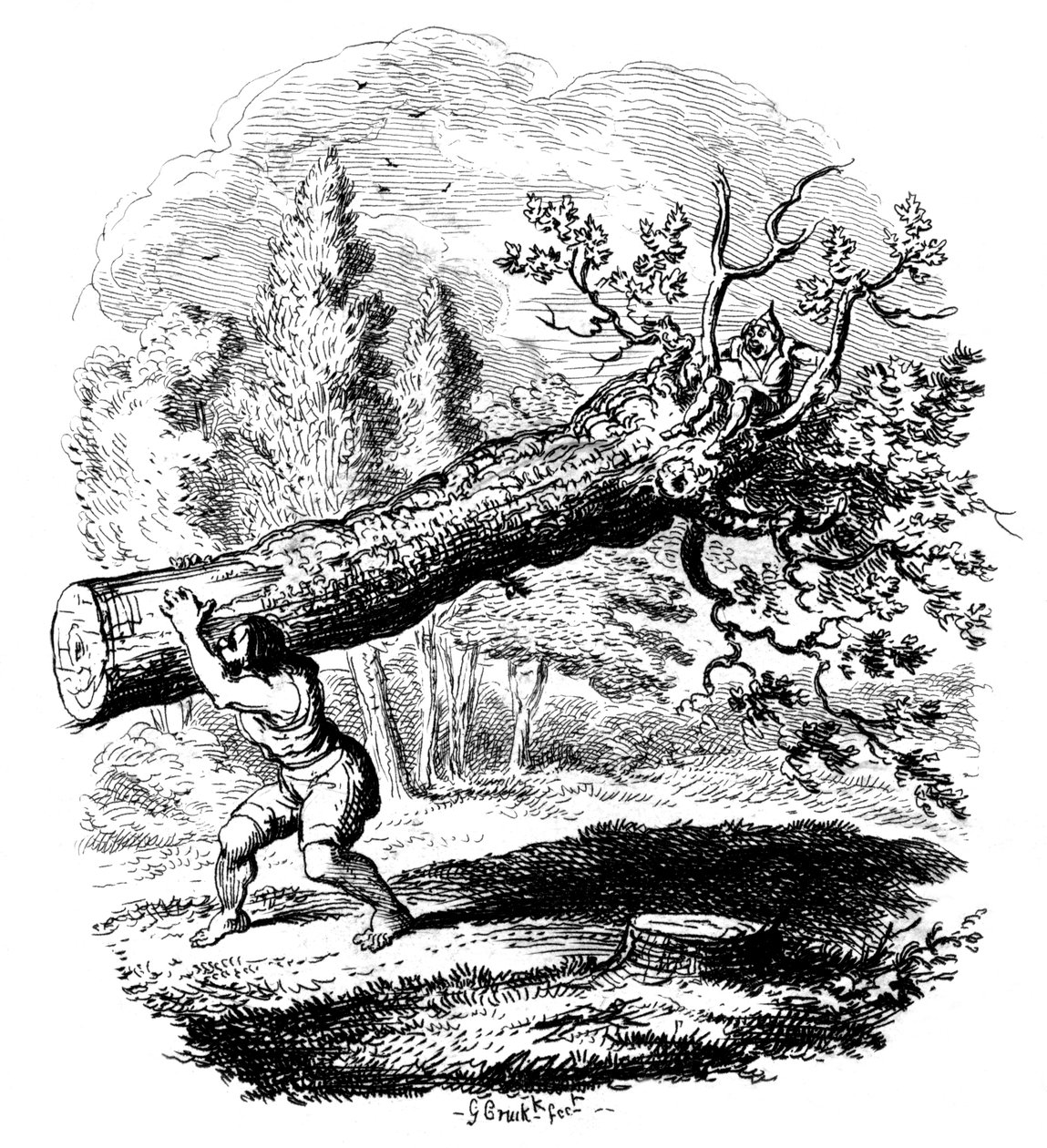 Omzunda büyük bir ağaç gövdesi taşıyan adam, 19. yüzyıl. by George Cruikshank