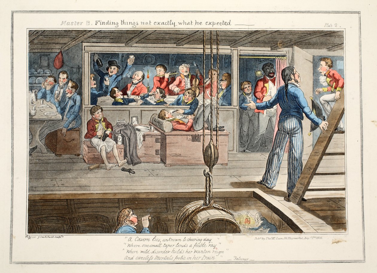Usta B, Tam olarak beklediği gibi olmayan şeyleri bulmak, pub. 1835 (el renkli gravür) by George Cruikshank