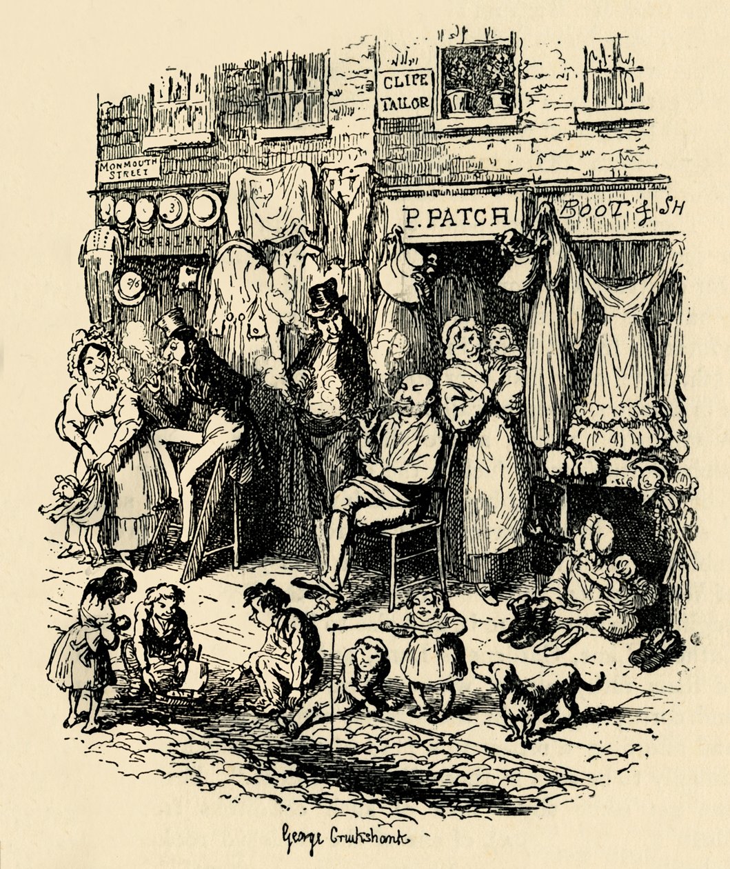 Monmouth Street, Soho, Boz tarafından Dickens Sketches için G. Cruikshank tarafından bir illüstrasyon. , 1938 by George Cruikshank