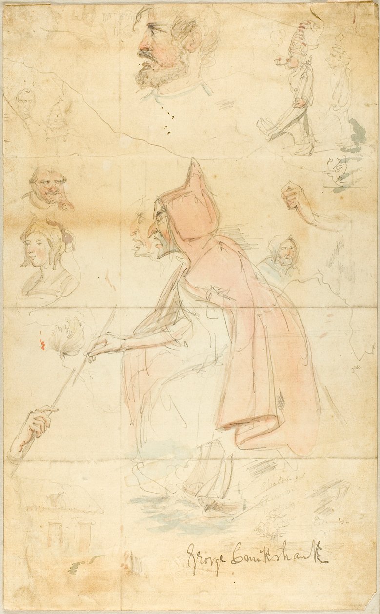 Anne Shipton (rekto); Eskizler Sayfası: Fleur-de-Lis ve Figürler (ters) by George Cruikshank