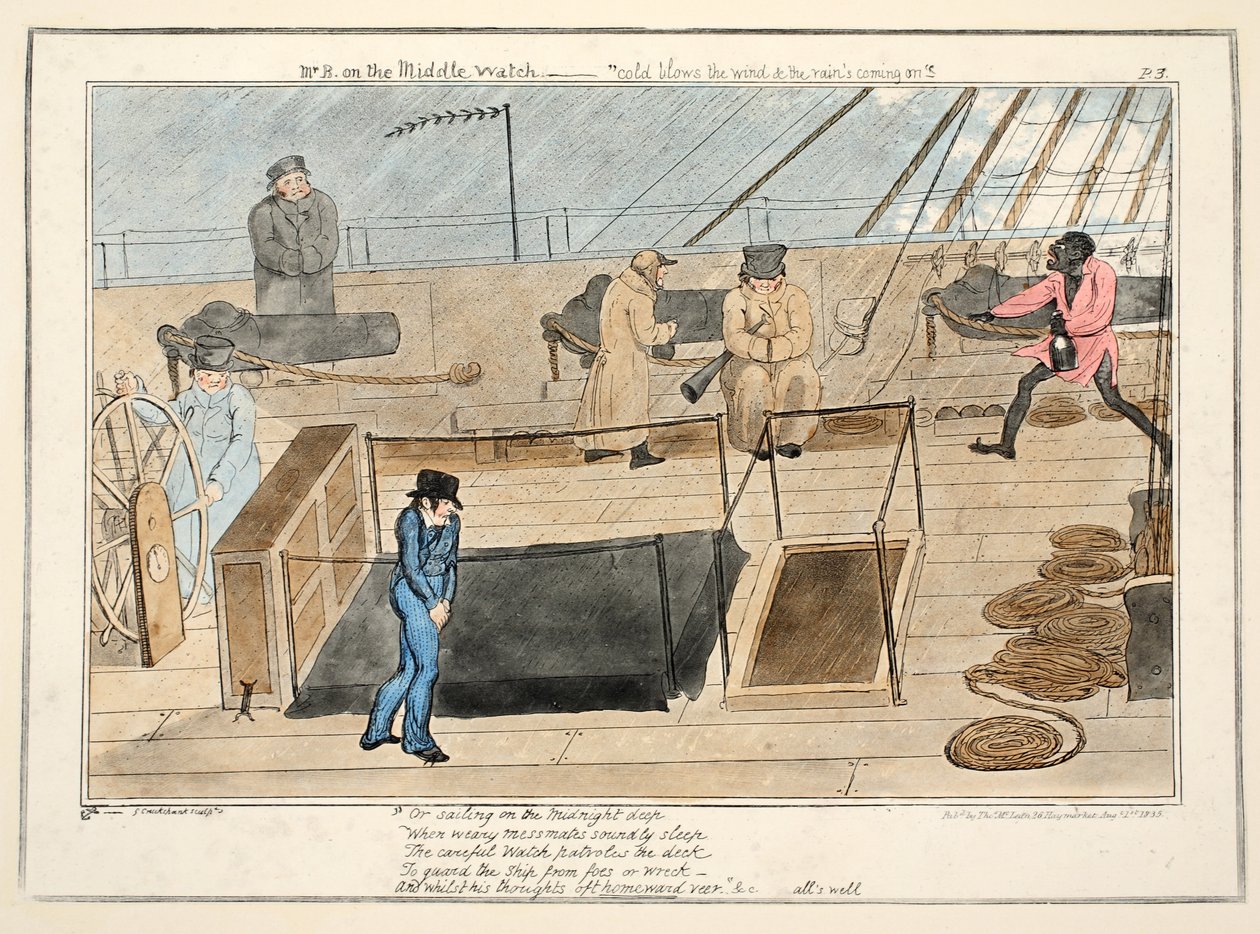 Bay B orta nöbette - soğuk esiyor rüzgar ve yağan yağmurlar, The Progress of a Midshipman, pub.1835 (el renkli gravür) by George Cruikshank