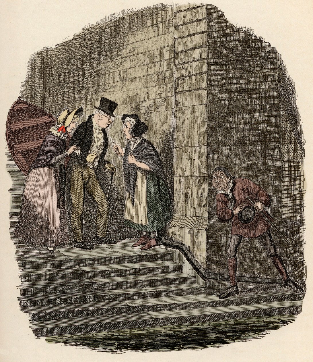 Noe Claypole, Bay Brownlow, Rose Maylie ve Nancy arasındaki gizli randevuyu gözetliyor - Toplantı - “” Oliver Twist” için İllüstrasyon (Olivier) (Olivier Twist