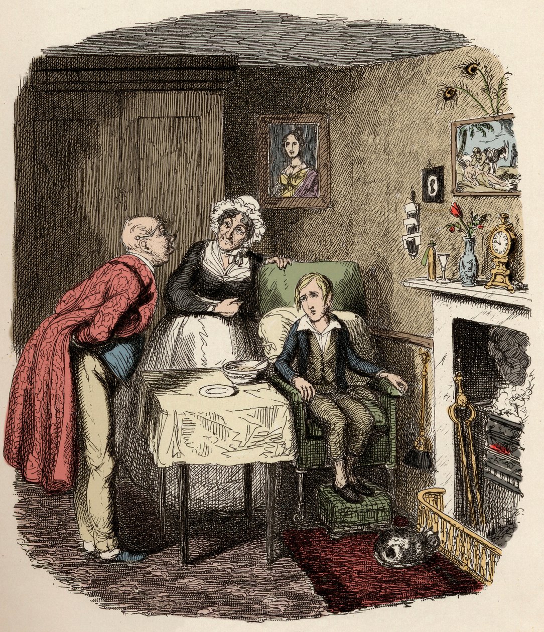 Oliver, Bay Brownlow ve kahyası Bayan Bedwin tarafından toplanır ve bakılır - Oliver ateşten kurtulur - Charles Dickens (1812-1870) tarafından “” Oliver Twist”” (Oliver) (Oliver Twist