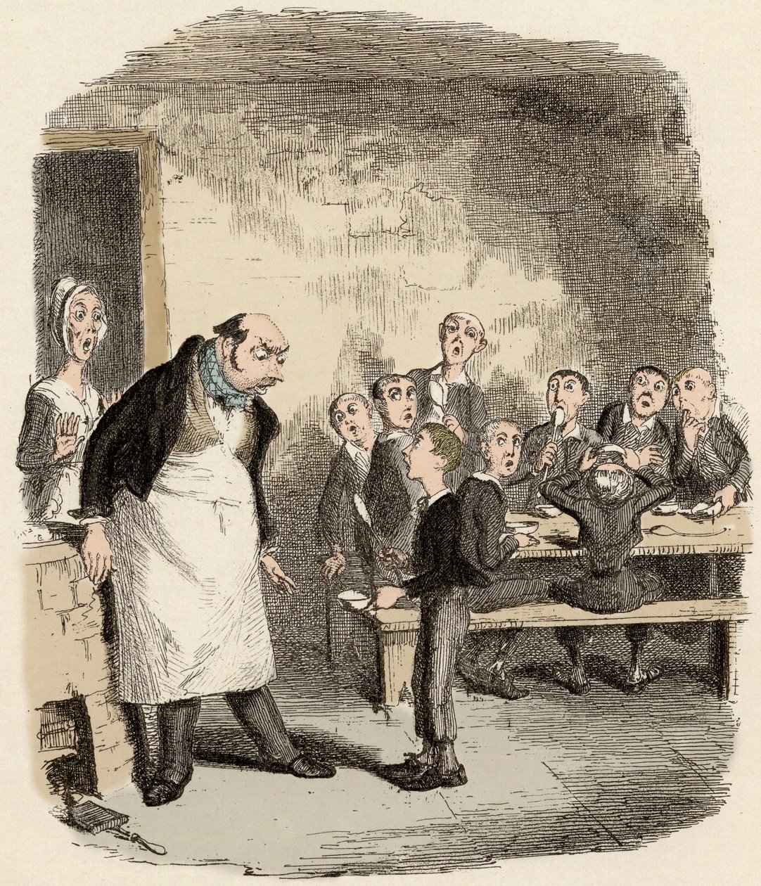 Oliver, Küçük Çocuklar Bakımevinin süpervizöründen ekstra yiyecek talep etmek üzere tasarlanmıştır - Oliver daha fazlasını istiyor - “” Oliver Twist”” için illüstrasyon (Olivier) (Olivier Twist
