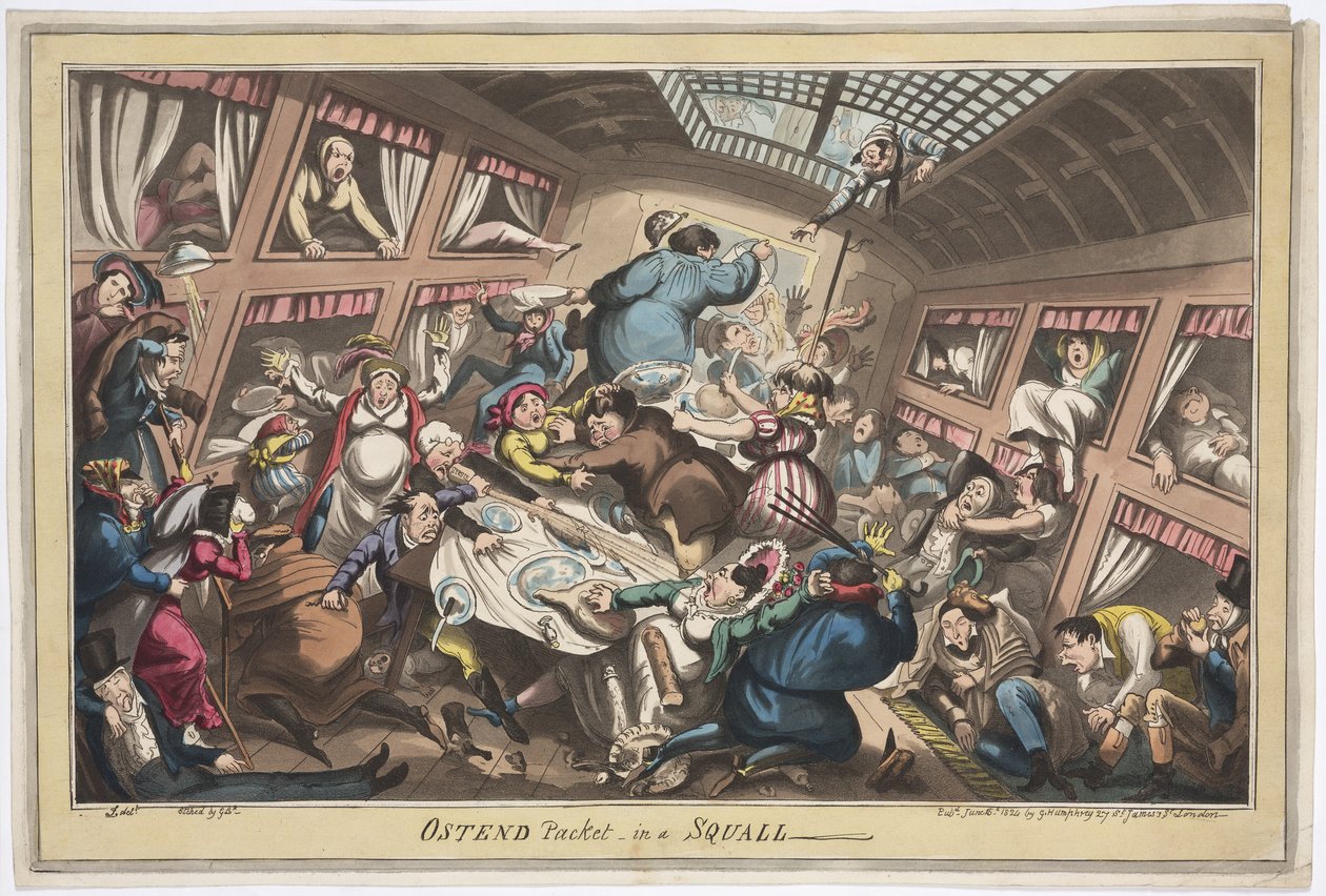 Fırtınada Oostende Paketi, 1824 (renkli aquatint) by George Cruikshank