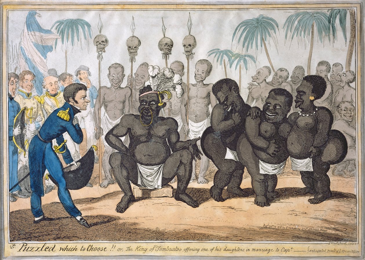 Kaptan E. Judel, pub'dan sonra "Hangisini Seçeceğimi şaşırdım!! veya Tombuctoo Kralı Kızlarından birini Kaptanla Evlendirir". G. Humphrey tarafından by George Cruikshank