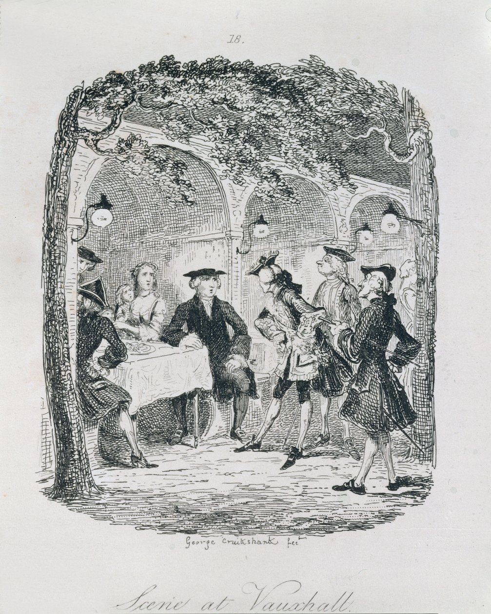 Vauxhall'daki sahne, 'Amelia'dan, sanatçı tarafından oyulmuş, 'Henry Fielding'in Eserleri'nden illüstrasyon, pub. Henry G. Bohn tarafından, 1853 by George Cruikshank