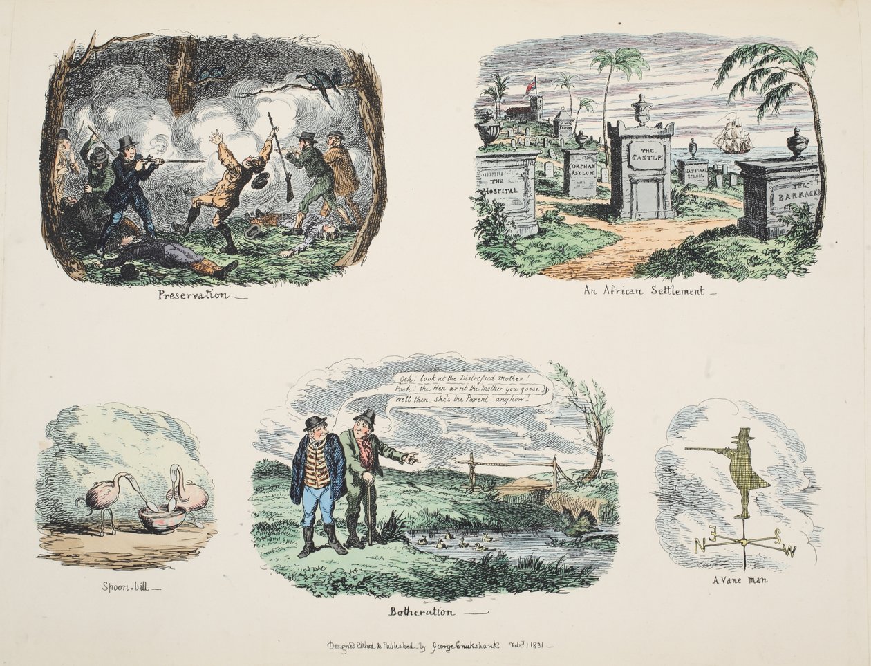 Hurdalar ve Eskizler: Koruma, Bir Afrika Yerleşimi, Kaşık-fatura, Rahatsızlık, Bir Kanatlı Adam, pub. 1831 (el renkli gravür) by George Cruikshank