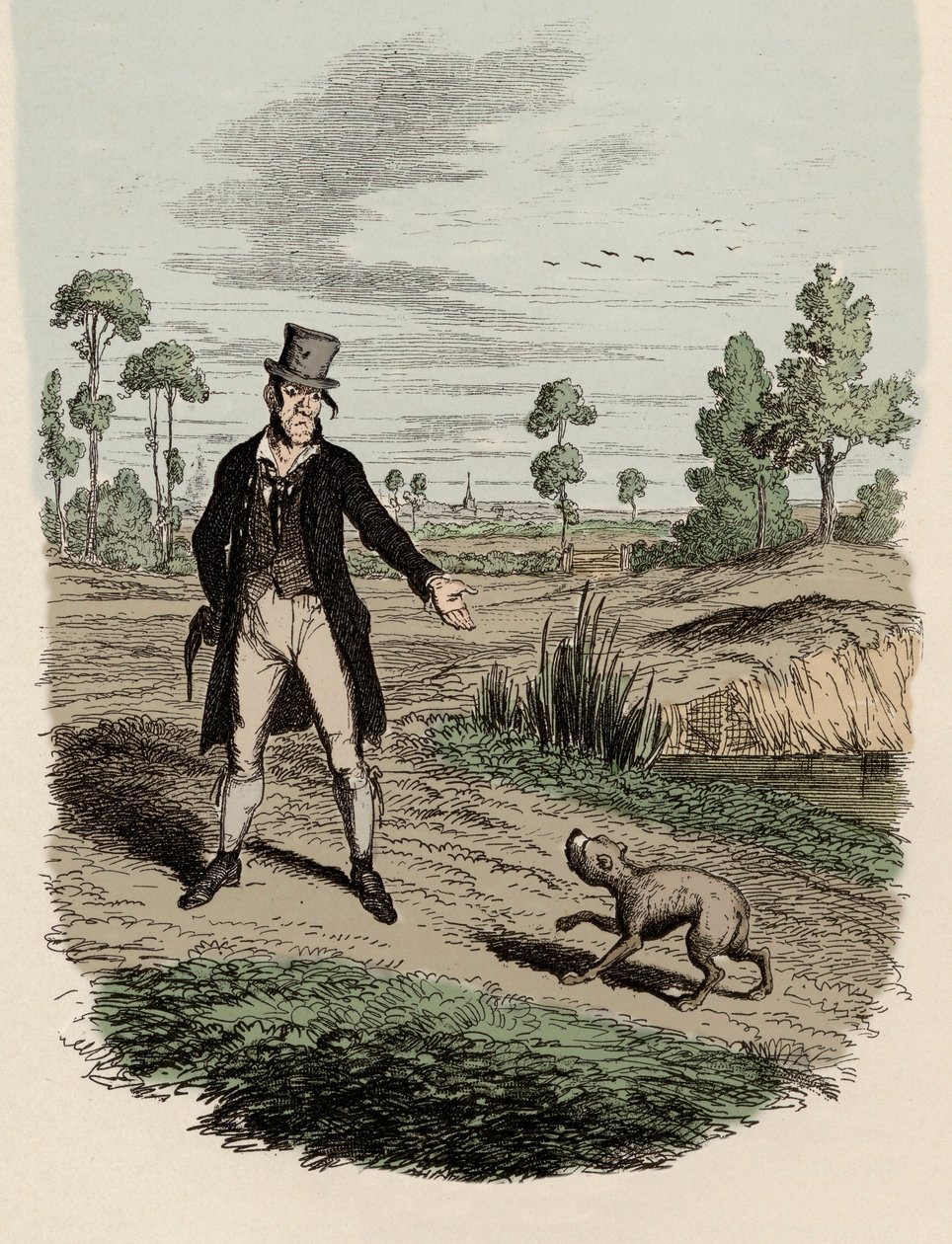 Sikes köpeğini terk etmeye çalışıyor - Charles Dickens (1812-1870), George Cruikshank (1792-1878) tarafından “Oliver Twist