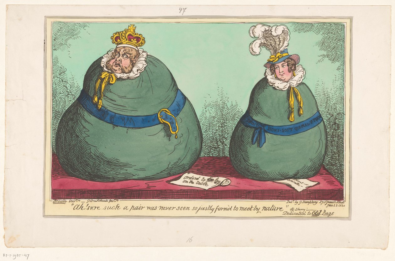 Spotprent op koning George IV en koningin Caroline, 1820 Ah! Tabii ki böyle bir çift, doğası gereği bir araya gelmek için bu kadar adil görülmedi (nesne üzerindeki başlık) by George Cruikshank