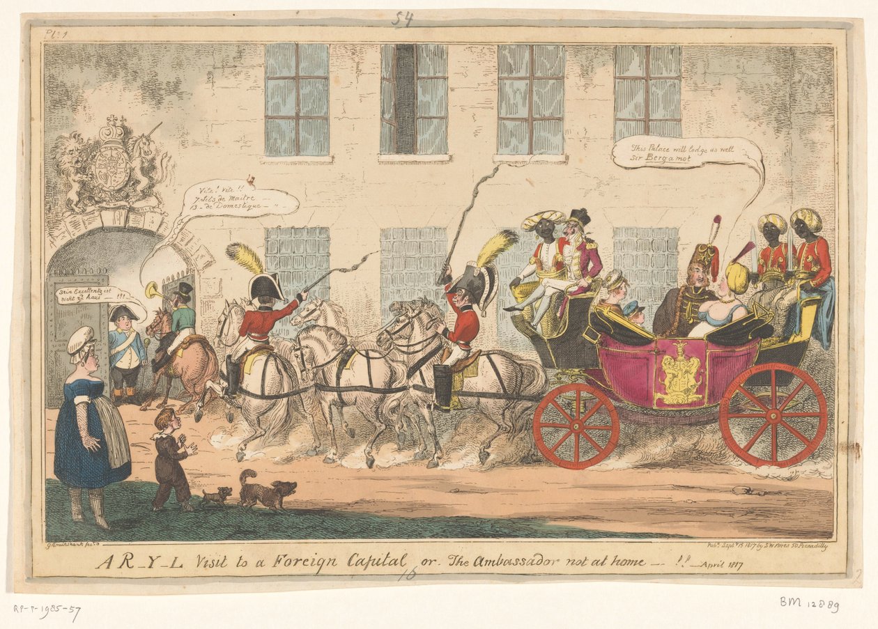 Spotprent op baskıları Caroline, 1817 Yabancı bir başkente bir R-Y-L ziyareti ya da büyükelçi evde değil-!! (nesne üzerindeki başlık) by George Cruikshank