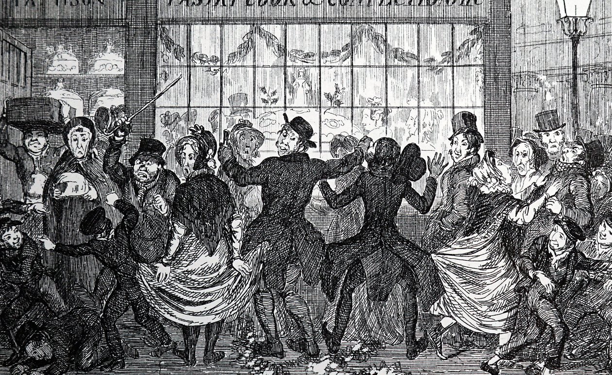 Street urchins causing havoc in the crowd outside a confectioner